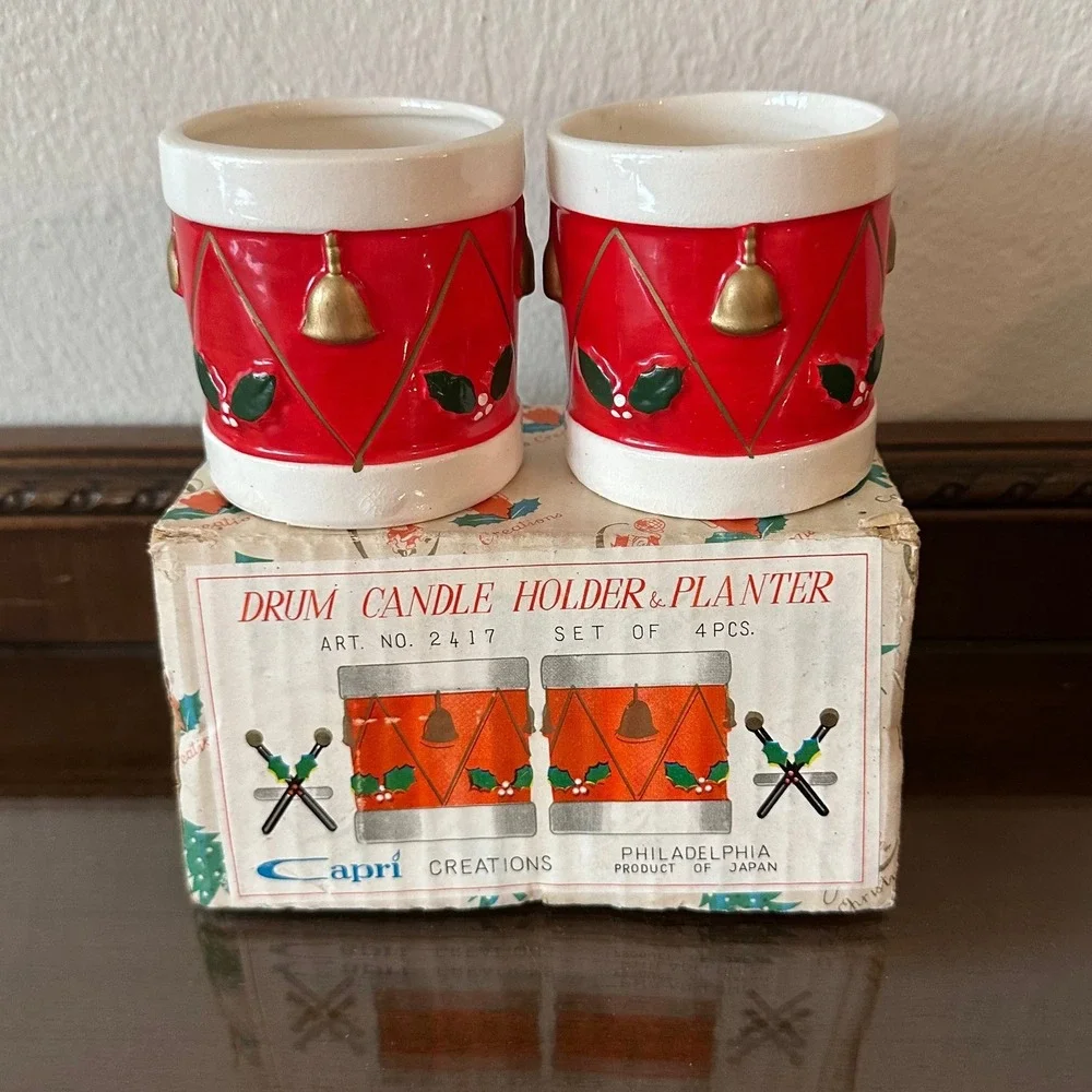 Vintage Capri Creations Christmas Drum Candle Holder Planter Set 2417 Japan 4pc